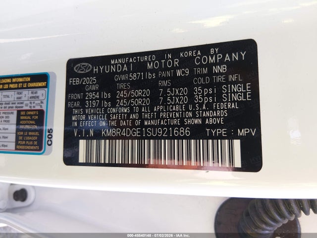 Aukcja sprzedaży 2025 Hyundai Palisade Sel Premium, vin: KM8R4DGE1SU921686, numer aukcji: 45540148