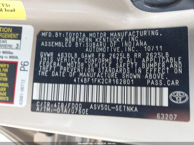 Продаж на аукціоні авто 2012 Toyota Camry Le, vin: 4T4BF1FK2CR162801, номер лоту: 45540154