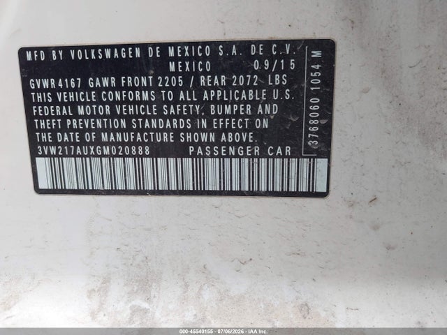 45540155 :رقم المزاد ، 3VW217AUXGM020888 vin ، 2016 Volkswagen Golf Tsi Se 4-door مزاد بيع