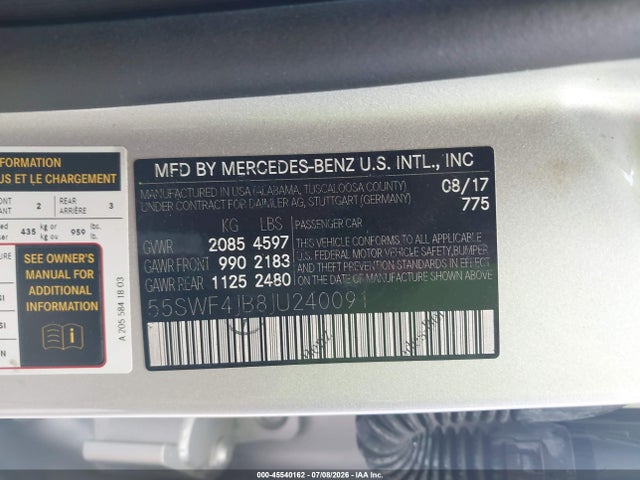 2018 Mercedes-benz C 300 მანქანა იყიდება აუქციონზე, vin: 55SWF4JB8JU240091, აუქციონის ნომერი: 45540162