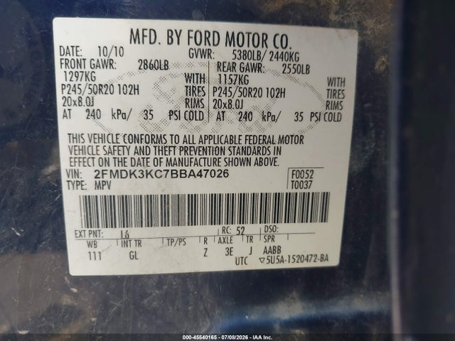 45540165 :رقم المزاد ، 2FMDK3KC7BBA47026 vin ، 2011 Ford Edge Limited مزاد بيع
