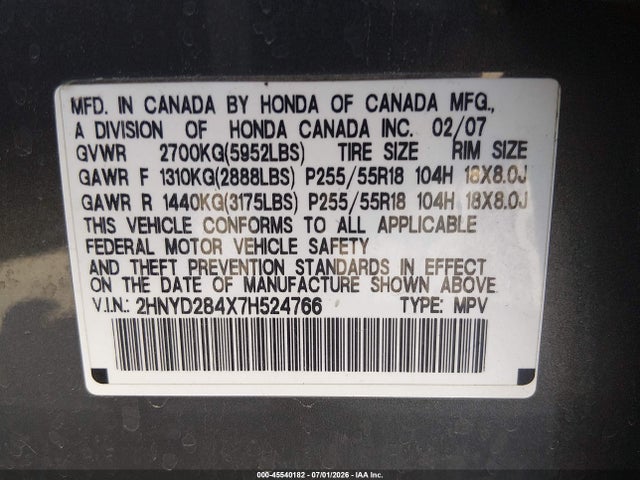 45540182 :رقم المزاد ، 2HNYD284X7H524766 vin ، 2007 Acura Mdx Technology Package مزاد بيع