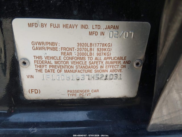Aukcja sprzedaży 2007 Subaru Impreza 2.5i, vin: JF1GD61637H521031, numer aukcji: 45540187