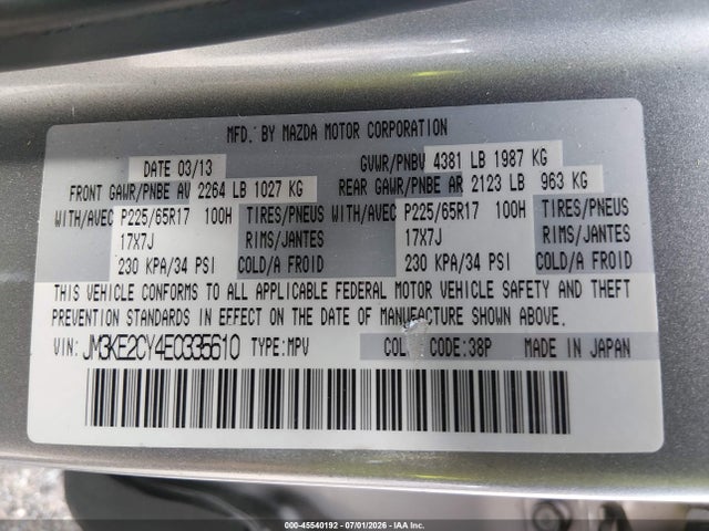 Auction sale of the 2014 Mazda Cx-5 Touring, vin: JM3KE2CY4E0335610, lot number: 45540192