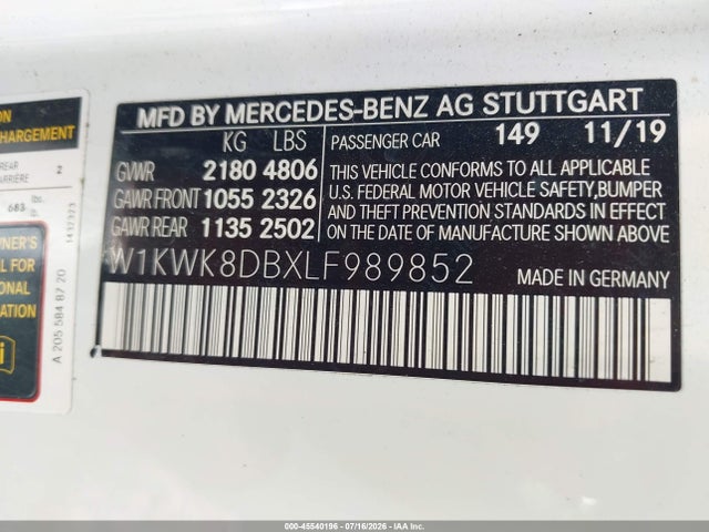 2020 Mercedes-benz C 300 მანქანა იყიდება აუქციონზე, vin: W1KWK8DBXLF989852, აუქციონის ნომერი: 45540196