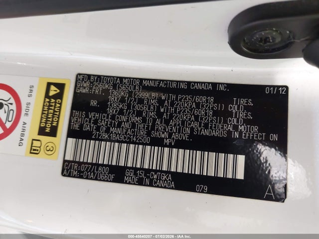 45540207 :رقم المزاد ، 2T2BK1BA9CC142500 vin ، 2012 Lexus Rx 350 مزاد بيع