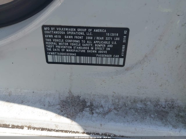 Продажа на аукционе авто 2017 Volkswagen Passat 1.8t Se, vin: 1VWBT7A35HC023640, номер лота: 45540209
