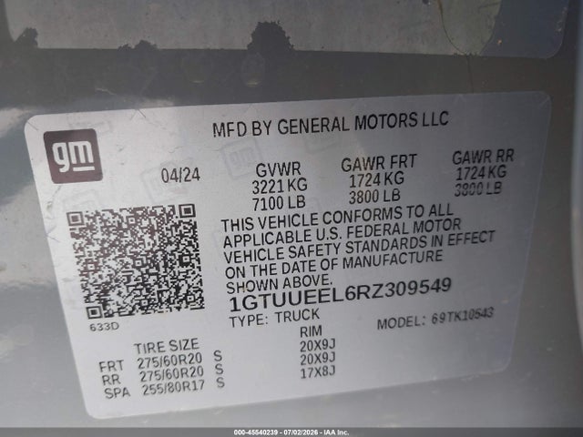 45540239 :رقم المزاد ، 1GTUUEEL6RZ309549 vin ، 2024 Gmc Sierra 1500 4wd  Short Box At4 مزاد بيع