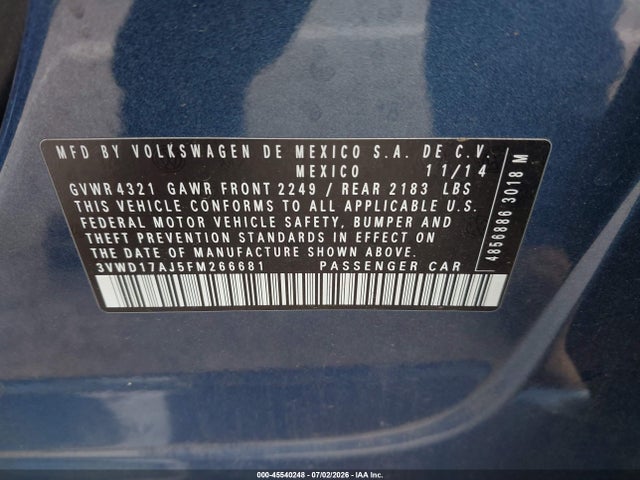Auction sale of the 2015 Volkswagen Jetta 1.8t Se, vin: 3VWD17AJ5FM266681, lot number: 45540248