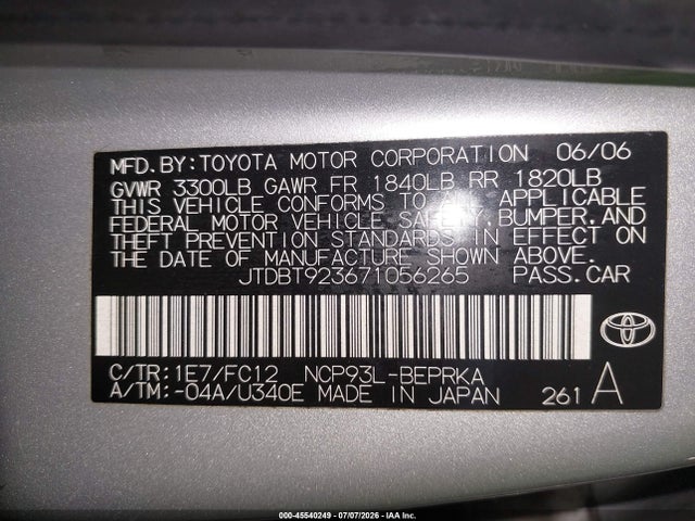 Aukcja sprzedaży 2007 Toyota Yaris, vin: JTDBT923671056265, numer aukcji: 45540249
