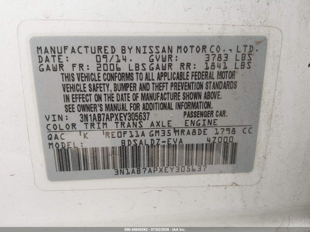 Nissan SENTRA SV 2014 3N1AB7APXEY305637 Image 9