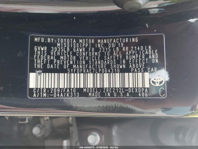 Toyota COROLLA L 2020 5YFDPRAE7LP064316 Image 9