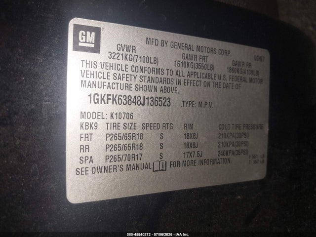 45540272 :رقم المزاد ، 1GKFK63848J136523 vin ، 2008 Gmc Yukon Denali مزاد بيع