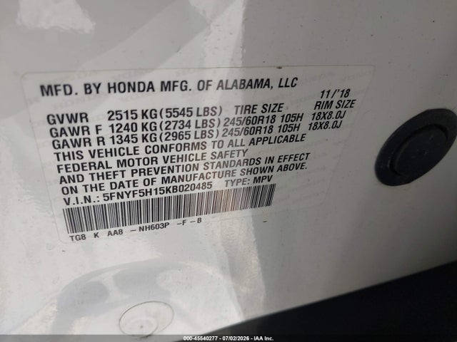 Honda PILOT LX 2019 5FNYF5H15KB020485 Image 9
