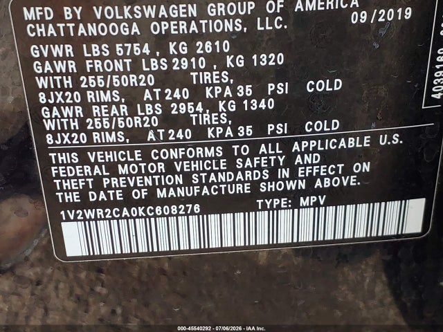 2019 Volkswagen Atlas 3.6l V6 Se W/technology მანქანა იყიდება აუქციონზე, vin: 1V2WR2CA0KC608276, აუქციონის ნომერი: 45540292