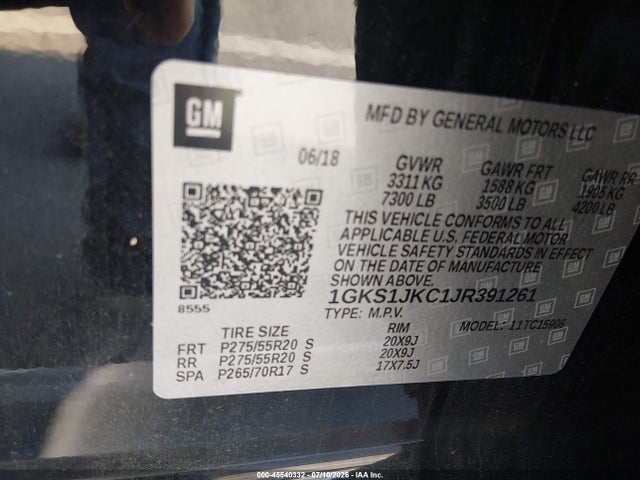 2018 Gmc Yukon Xl Slt Standard Edition მანქანა იყიდება აუქციონზე, vin: 1GKS1JKC1JR391261, აუქციონის ნომერი: 45540332