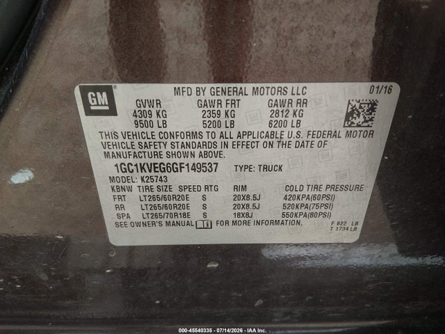 Aukcja sprzedaży 2016 Chevrolet Silverado 2500hd Lt, vin: 1GC1KVEG6GF149537, numer aukcji: 45540335