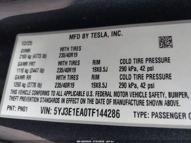 Aukcja sprzedaży 2026 Tesla Model 3 Premium Rear-wheel Drive/rear-wheel Drive, vin: 5YJ3E1EA0TF144286, numer aukcji: 45540349