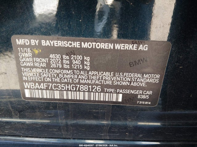 45540357 :رقم المزاد ، WBA4F7C35HG788126 vin ، 2017 Bmw 430i Gran Coupe مزاد بيع