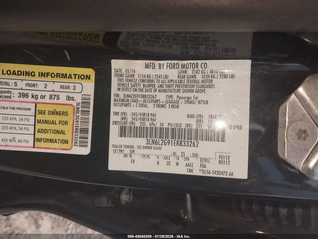 Aukcja sprzedaży 2014 Lincoln Mkz, vin: 3LN6L2G91ER833262, numer aukcji: 45540359