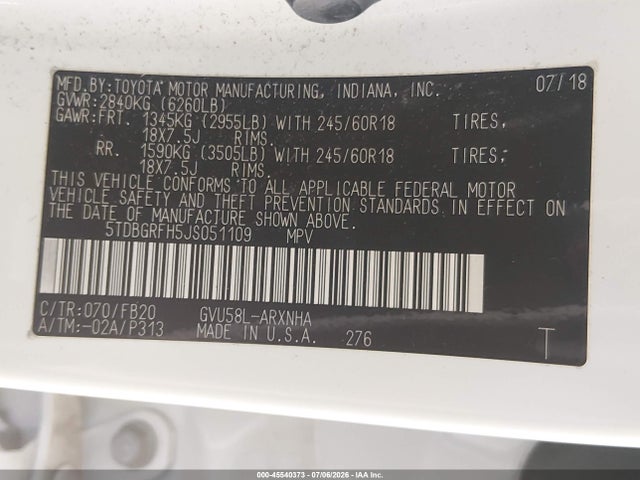 Toyota Highlander Hybrid Le 2018 5TDBGRFH5JS051109 Image 9