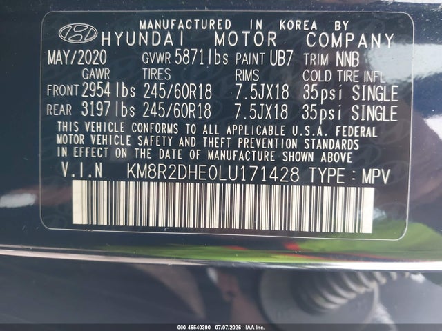 Продаж на аукціоні авто 2020 Hyundai Palisade Sel, vin: KM8R2DHE0LU171428, номер лоту: 45540390