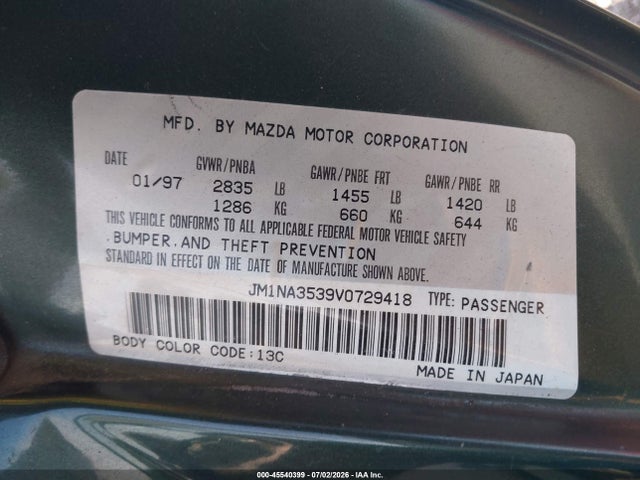 1997 Mazda Mx-5 Miata Leather Pkg/m Edition/popular Equipment Pkg/r Pkg./sto/sto-edition/touring Pkg მანქანა იყიდება აუქციონზე, vin: JM1NA3539V0729418, აუქციონის ნომერი: 45540399