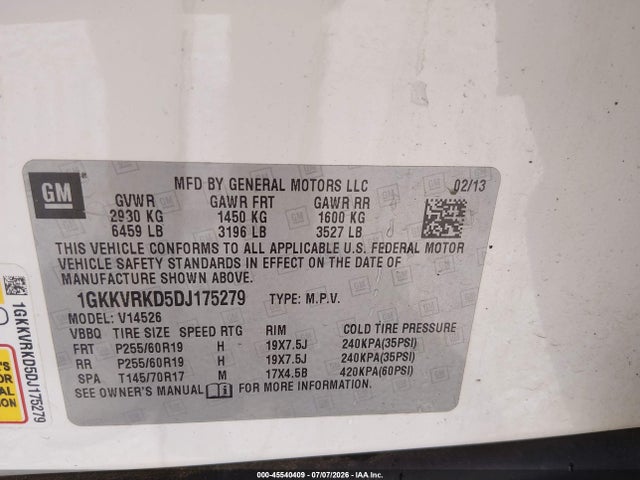 Aukcja sprzedaży 2013 Gmc Acadia Slt-1, vin: 1GKKVRKD5DJ175279, numer aukcji: 45540409