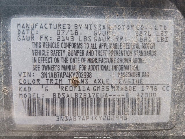 3N1AB7AP4KY202998 Nissan SENTRA S