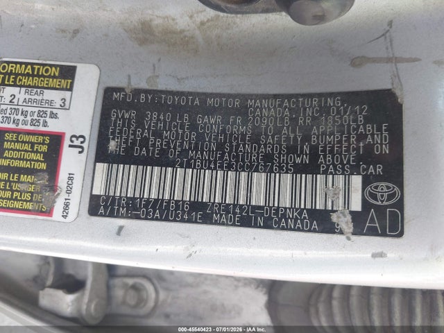 Продаж на аукціоні авто 2012 Toyota Corolla Le, vin: 2T1BU4EE3CC767635, номер лоту: 45540423