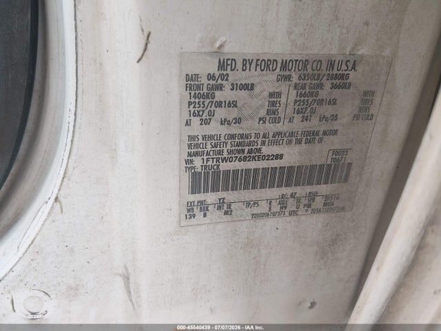 Продаж на аукціоні авто 2002 Ford F-150 Lariat/xlt, vin: 1FTRW07682KE02288, номер лоту: 45540439
