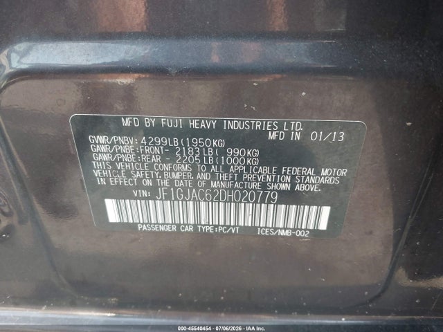 45540454 :رقم المزاد ، JF1GJAC62DH020779 vin ، 2013 Subaru Impreza 2.0i Premium مزاد بيع