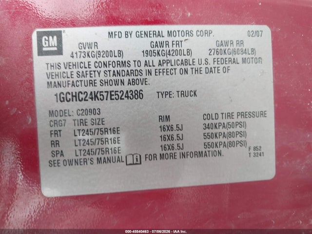 45540463 :رقم المزاد ، 1GCHC24K57E524386 vin ، 2007 Chevrolet Silverado 2500hd Lt مزاد بيع
