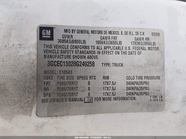 Продажа на аукционе авто 2008 Chevrolet Silverado 1500 Lt1, vin: 3GCEC13028G249258, номер лота: 45540466