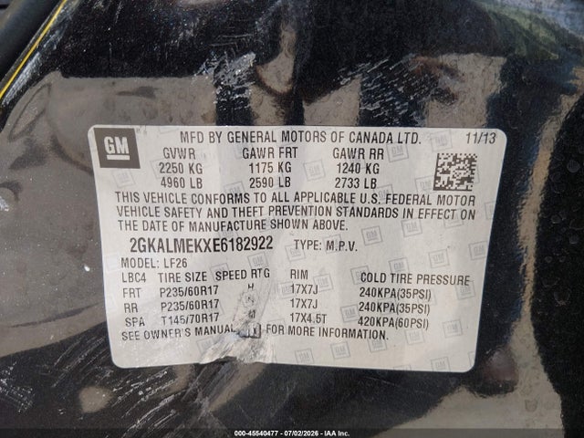45540477 :رقم المزاد ، 2GKALMEKXE6182922 vin ، 2014 Gmc Terrain Sle-1 مزاد بيع