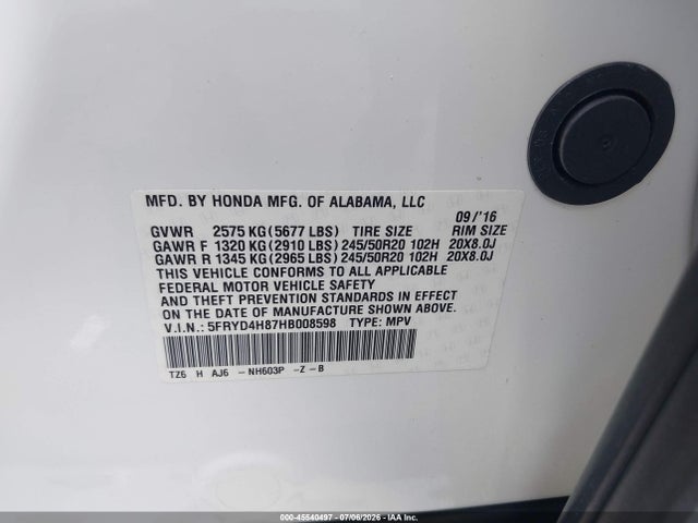 5FRYD4H87HB008598 Acura Mdx Advance Package