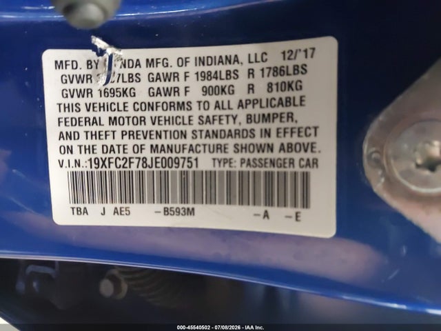 Aukcja sprzedaży 2018 Honda Civic Ex, vin: 19XFC2F78JE009751, numer aukcji: 45540502