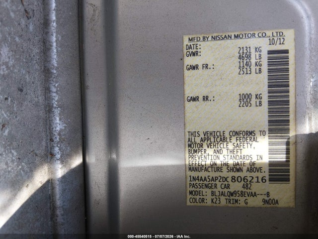 Aukcja sprzedaży 2013 Nissan Maxima 3.5 S, vin: 1N4AA5AP2DC806216, numer aukcji: 45540515