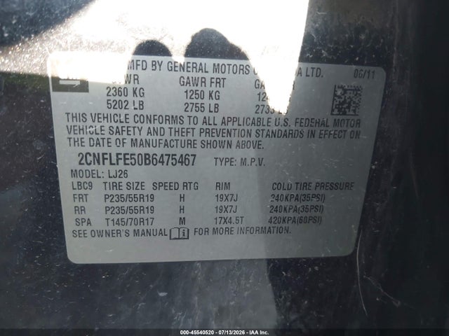 Продаж на аукціоні авто 2011 Chevrolet Equinox Ltz, vin: 2CNFLFE50B6475467, номер лоту: 45540520