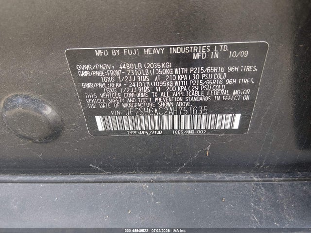 Продаж на аукціоні авто 2010 Subaru Forester 2.5x, vin: JF2SH6AC2AH751635, номер лоту: 45540522