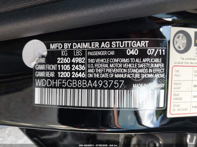 2011 Mercedes-benz E 350 მანქანა იყიდება აუქციონზე, vin: WDDHF5GB8BA493757, აუქციონის ნომერი: 45540531