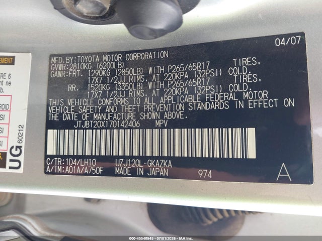 45540545 :رقم المزاد ، JTJBT20X170142406 vin ، 2007 Lexus Gx 470 مزاد بيع
