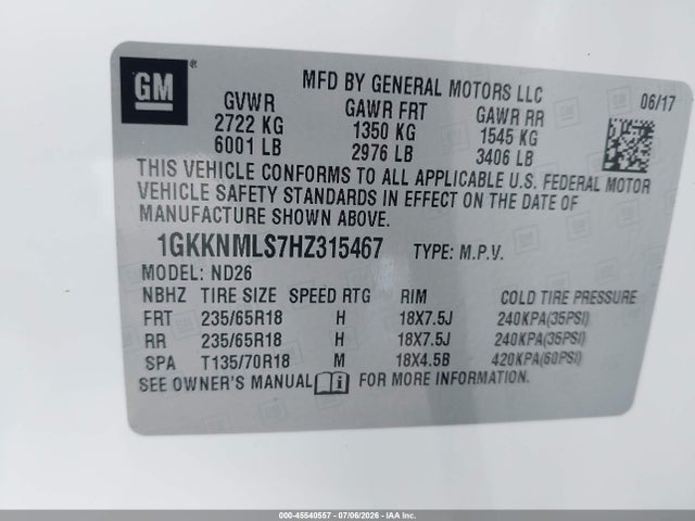 2017 Gmc Acadia Slt-1 მანქანა იყიდება აუქციონზე, vin: 1GKKNMLS7HZ315467, აუქციონის ნომერი: 45540557