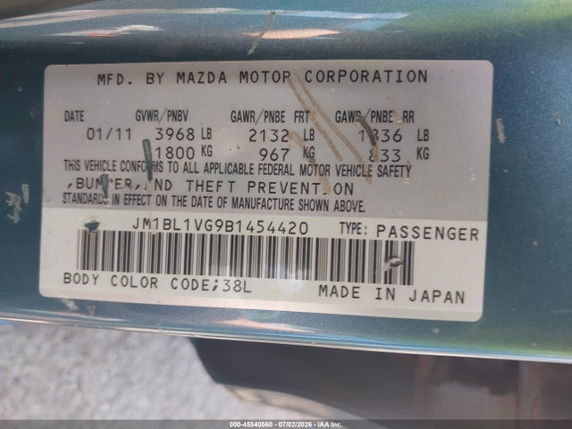 Aukcja sprzedaży 2011 Mazda Mazda3 I Touring, vin: JM1BL1VG9B1454420, numer aukcji: 45540560