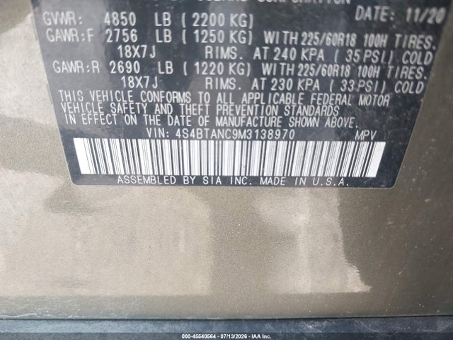 Aukcja sprzedaży 2021 Subaru Outback Limited, vin: 4S4BTANC9M3138970, numer aukcji: 45540564