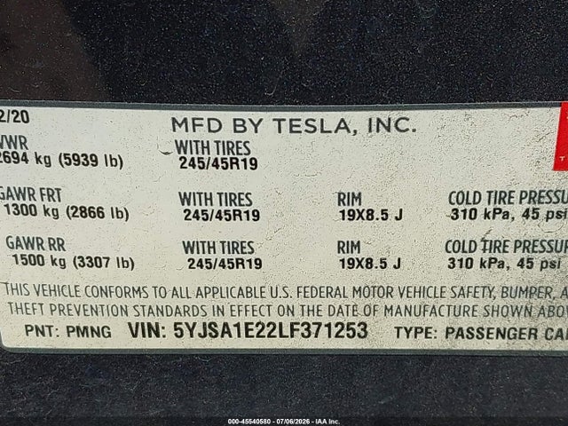 45540580 :رقم المزاد ، 5YJSA1E22LF371253 vin ، 2020 Tesla Model S Long Range Dual Motor All-wheel Drive/long Range Plus Dual Motor All-wheel Drive مزاد بيع