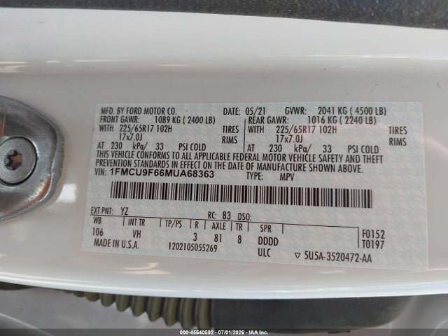 1FMCU9F66MUA68363 Ford ESCAPE S
