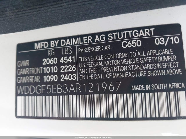 2010 Mercedes-benz C 300 Luxury/sport მანქანა იყიდება აუქციონზე, vin: WDDGF5EB3AR121967, აუქციონის ნომერი: 45540597