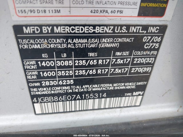 Продажа на аукционе авто 2007 Mercedes-benz Ml 350 4matic, vin: 4JGBB86E07A155314, номер лота: 45540604