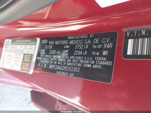 45540660 :رقم المزاد ، 3KPF24AD2KE055363 vin ، 2019 Kia Forte Lxs مزاد بيع